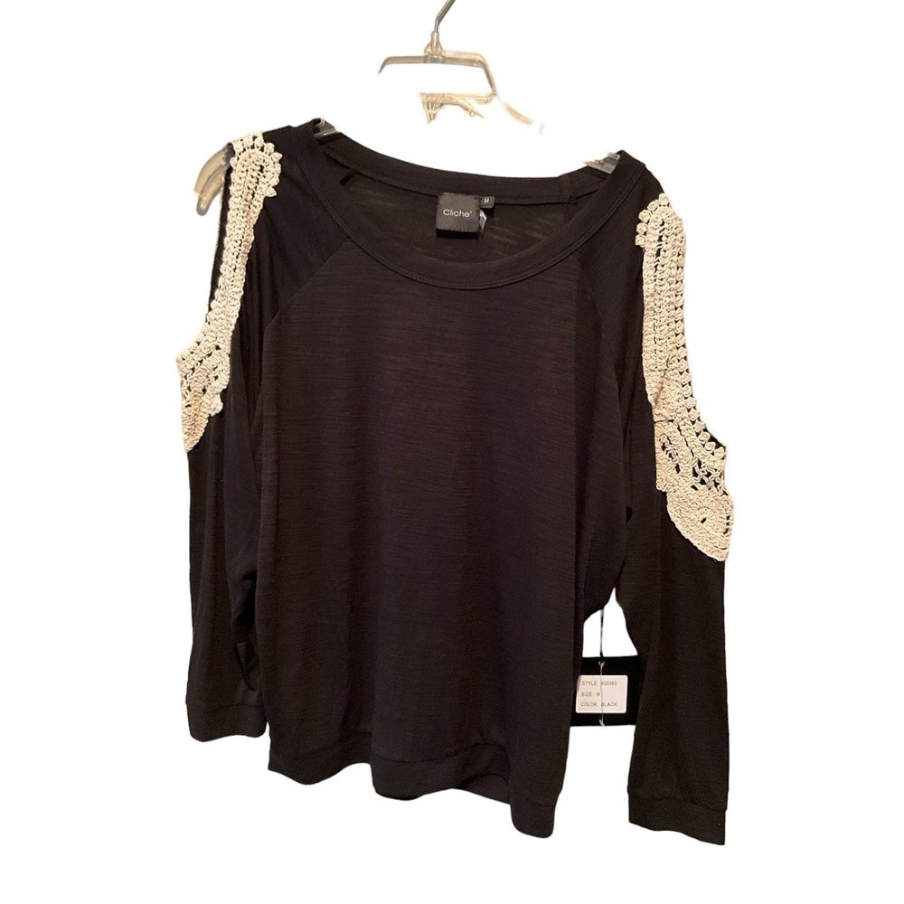 Cliche Blouse Top Women M Black Cold Shoulder Long Sleeve Crew Neck Cotton Blend